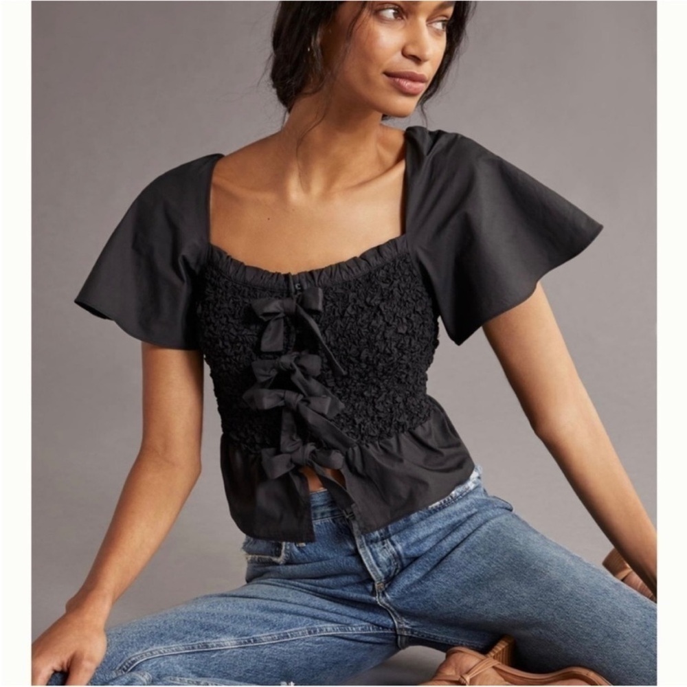 Anthropologie X Mare Mare black smocked tie front top blouse crop small s